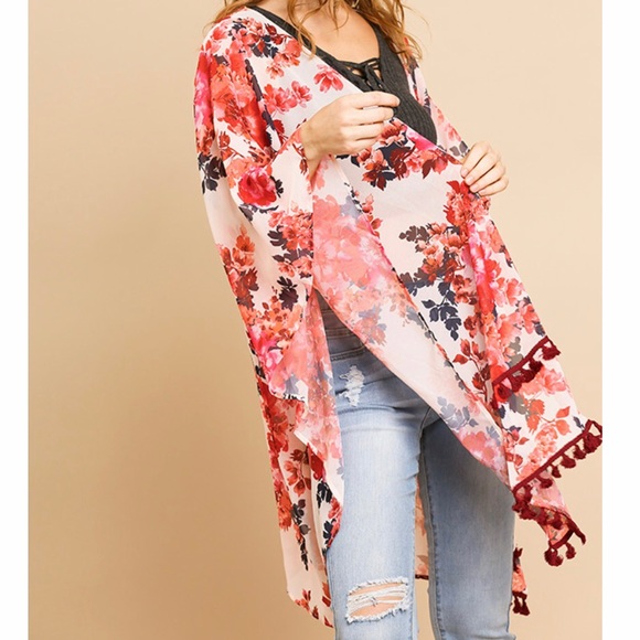 Floral Print Kimono with Tassel Trim - Picture 2 of 5